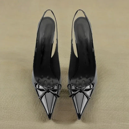 New black nude wine red patent leather pointed small bow back empty style plus size socialite high-heeled sandals