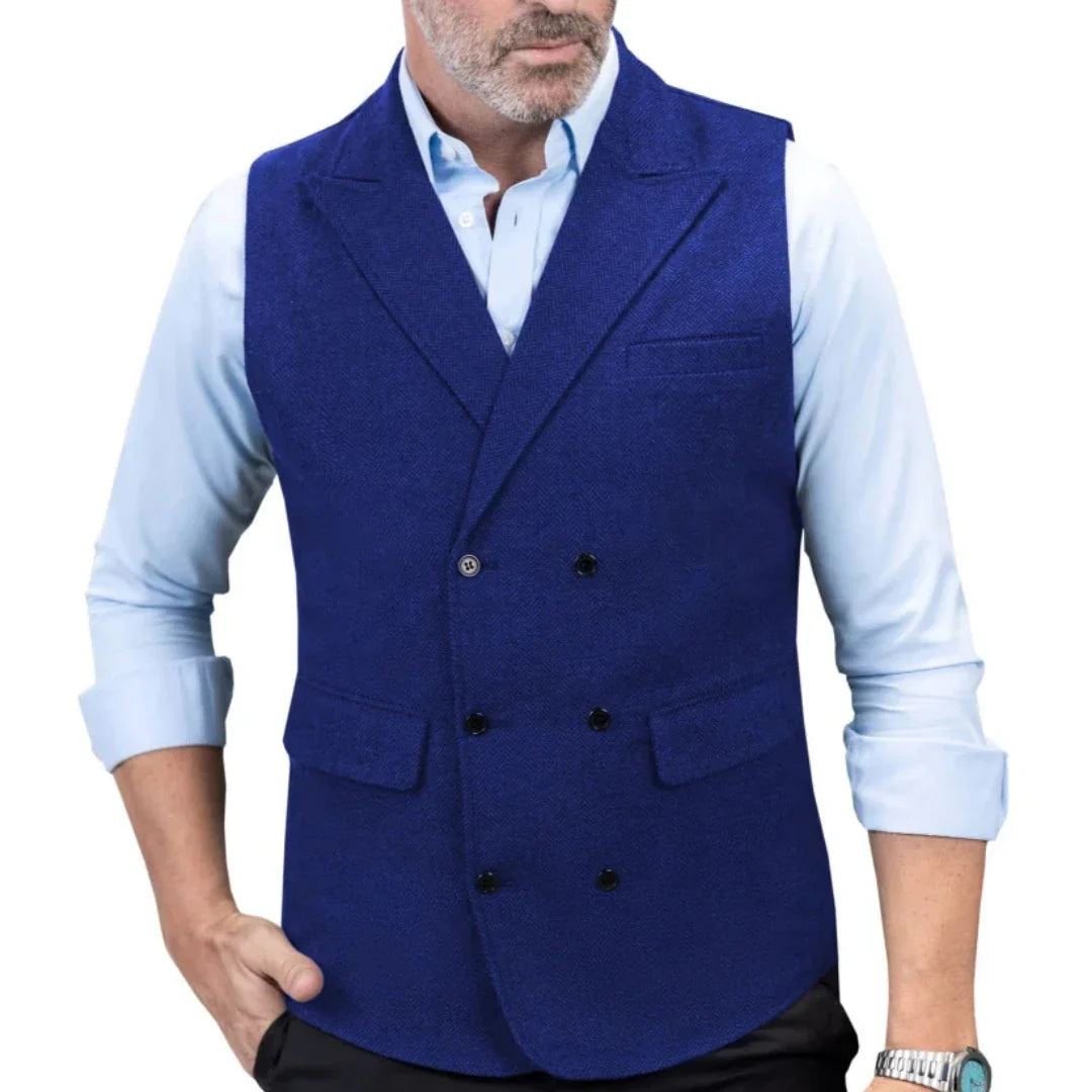 Men Vest Black Herringbone Double Button With Lapel Waistcoat For Wedding Birthday Banquet Office Business Work Men Suit Vest