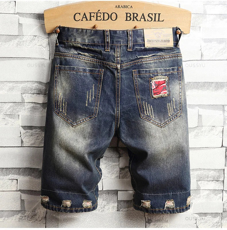 Brand Clothing New Summer Ripped Hole Denim Shorts Men Cotton Thin Straight Retro Biker Knee Length Short Jeans Male Streetwear