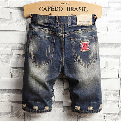 Brand Clothing New Summer Ripped Hole Denim Shorts Men Cotton Thin Straight Retro Biker Knee Length Short Jeans Male Streetwear