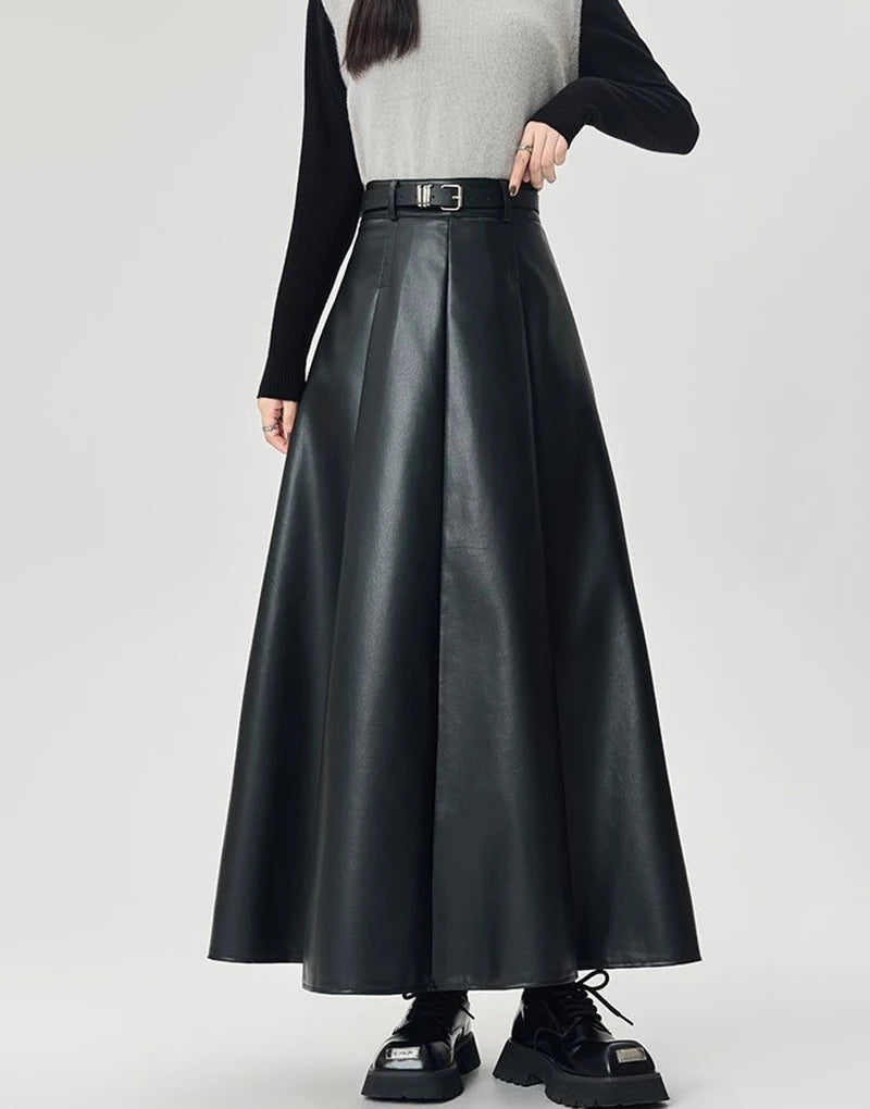 Vintage PU leather women midi skirts Y2K Autumn high waist Streetwear with belt pleated Skirt female elegant Solid A line skirts
