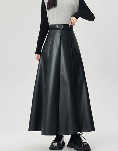 Vintage PU leather women midi skirts Y2K Autumn high waist Streetwear with belt pleated Skirt female elegant Solid A line skirts