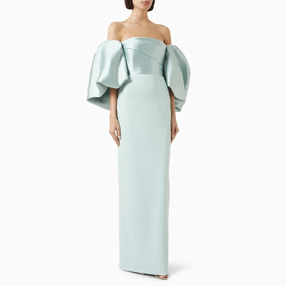 Customized Sky Blue Wedding Guest Dresses for Women Off the Shoulder Puff Sleeve Formal Gowns Long Backless Column Evening Dress