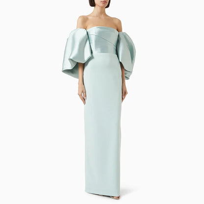 Customized Sky Blue Wedding Guest Dresses for Women Off the Shoulder Puff Sleeve Formal Gowns Long Backless Column Evening Dress
