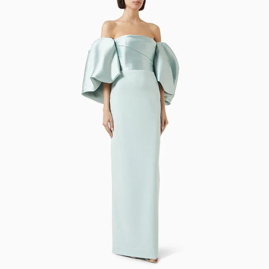 Customized Sky Blue Wedding Guest Dresses for Women Off the Shoulder Puff Sleeve Formal Gowns Long Backless Column Evening Dress