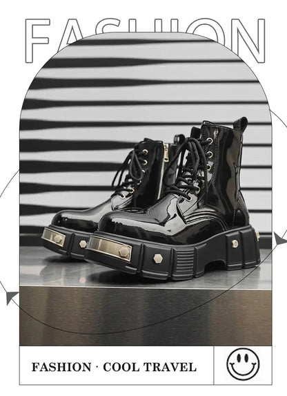 New Men Goth Platform Boots Fashion Rivet Lace Up Punk Wedges Chunky Heels Men Boots Party Street Patent Leather Men Shoes