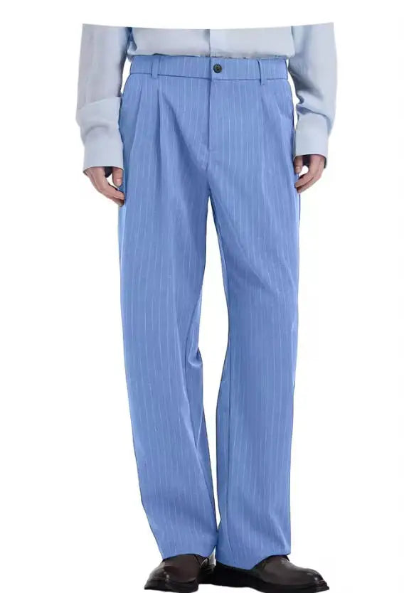 Stripe Men's Pants Slant Pockets Pleated Wide Leg High Waist Loose Fit Button Fly Business Casual Daily Office All-Match Trouser