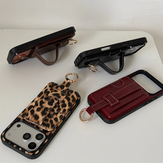 Fashion Leather Leopard Pattern Multifunctional Card Case Hand Wristband Protect Phone Cover Case for iPhone 17 16 15 14 Pro Max