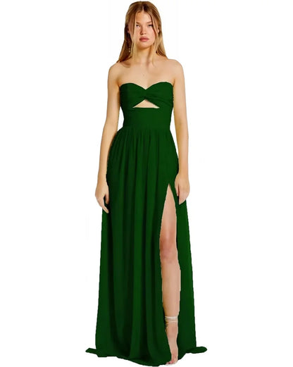 Strapless Chiffon Prom Dresses Pleated Sexy High Split Backless Cocktail Party Dress Off The Shoulder Long Homecoming Dress