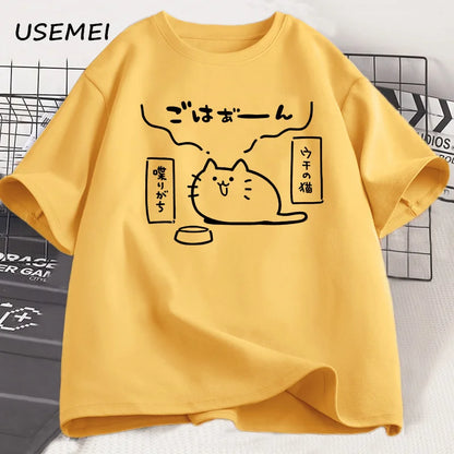 Japanese Style Cat Printed T Shirts for Men Women Cotton Short Sleeve Tshirt Causal Trendy Loose Oversized T-shirt Mens Clothes