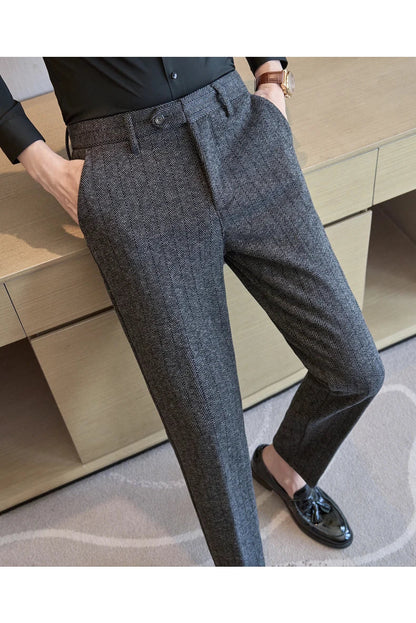 2025 Autumn Winter New Stripe Woolen Cloth Suit Pants Men Thick Warm Fashion Business Casual Male Straight Formal Trousers