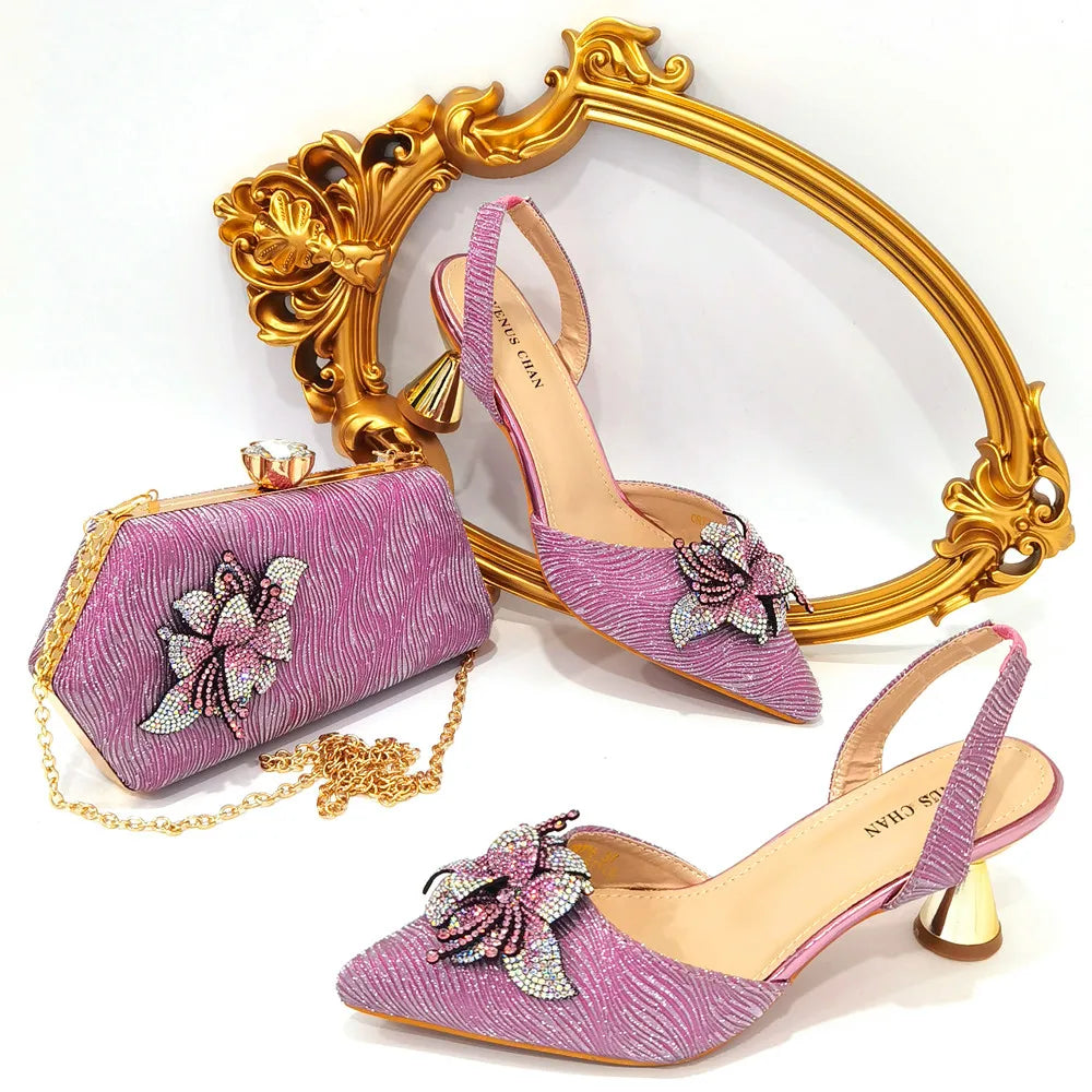 FASHION SHOE Sandals Women 2022 High Heels sexy Green Color Rhinestone Flowers Party Pumps Wedding Shoe and Matching Bag Set
