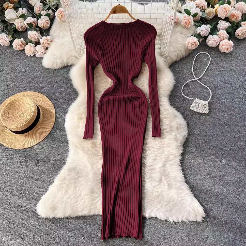 Winter Women Knit Maxi Dress O Neck Autumn Long Sleeve Slim Solid Harajuku Ladies Fashion Pencil Sweater Long Dresses