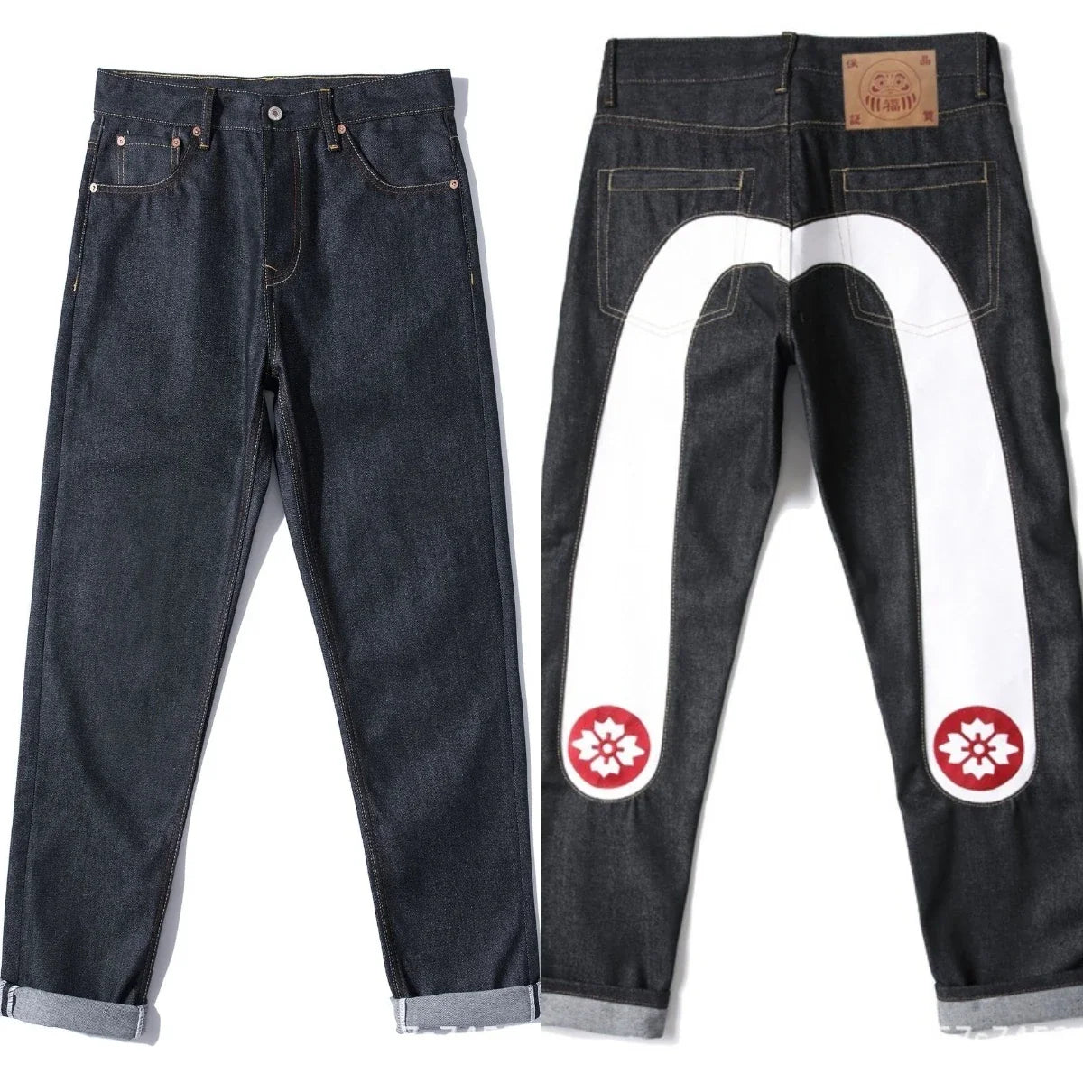 Men's Japanese Handmade Embroidered Jeans Pure Cotton Straight Tube Hip-Hop Popular Slim Red Ears Show Thin Trousers Devil Black