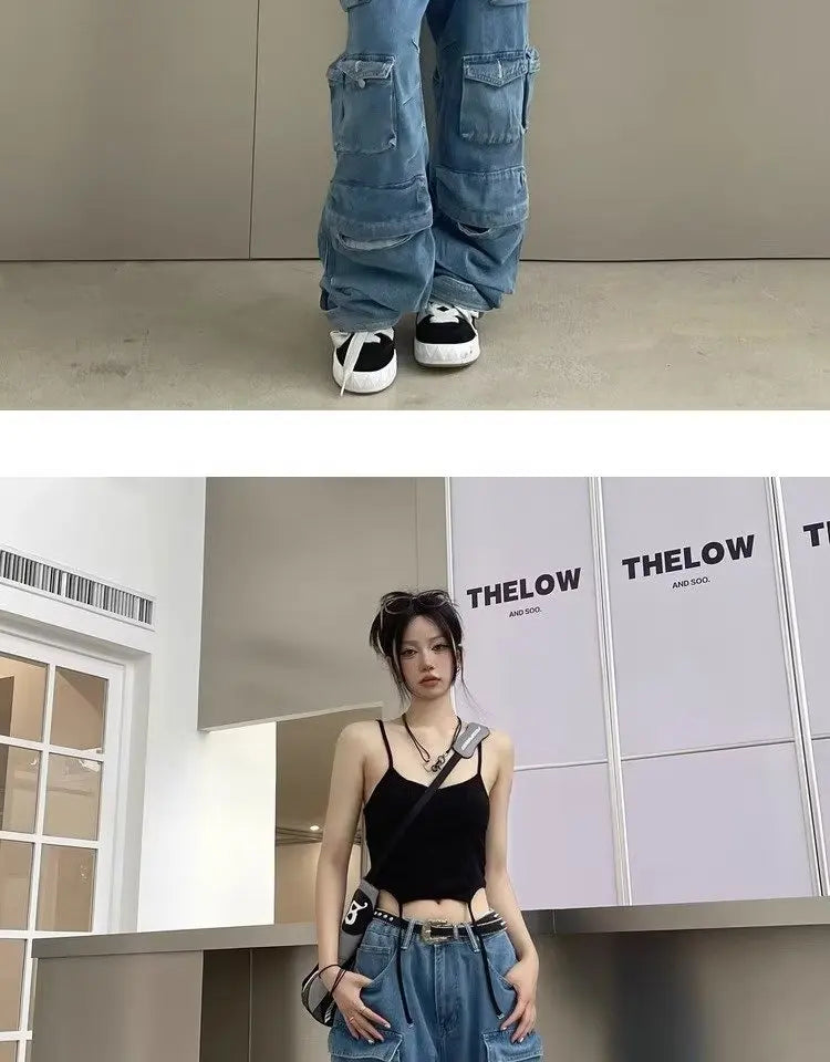Y2K Cargo Jeans Women's Baggy Wide Leg Multi-Pocket Fashion Denim Pants Harajuku Streetwear Female Vintage Loose Casual Pants