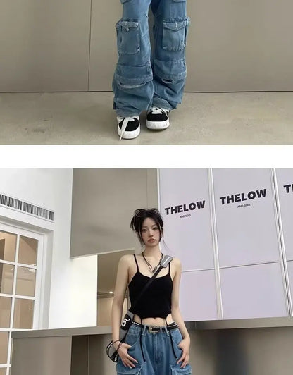 Y2K Cargo Jeans Women's Baggy Wide Leg Multi-Pocket Fashion Denim Pants Harajuku Streetwear Female Vintage Loose Casual Pants