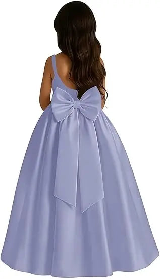 Long Ivory Satin Flower Girl Dresses for Wedding Bow Party Birthday Princess Dress Junior Bridesmaid First Holy Communion Gowns