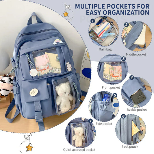 New Cute Nylon Backpack Suitable for Young Girls, Female Students, and Ladies, Multi-Pocket Student Backpack