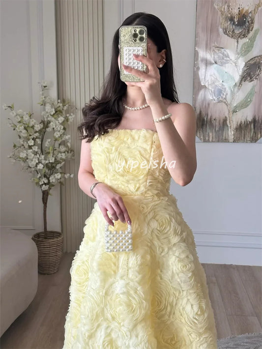 Customized Intricate Exquisite Handmade Flower Pleat A-line Strapless Long Dresses Bespoke Occasion Dresses High Quality Elegant