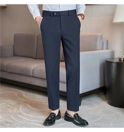 Autumn Winter New Thickened Wool Striped Suit Pants Men's High Qualitys Elastic Waist Slim Fit Business Casual Trousers 38-29