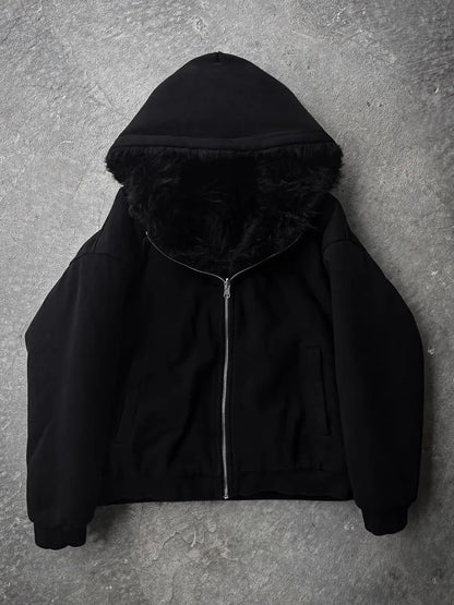 Autumn Winter Oversized Thickened Warm Black Reversible Faux Fur Parka Coat Men with Hood Zipper Fluffy Jacket 2025