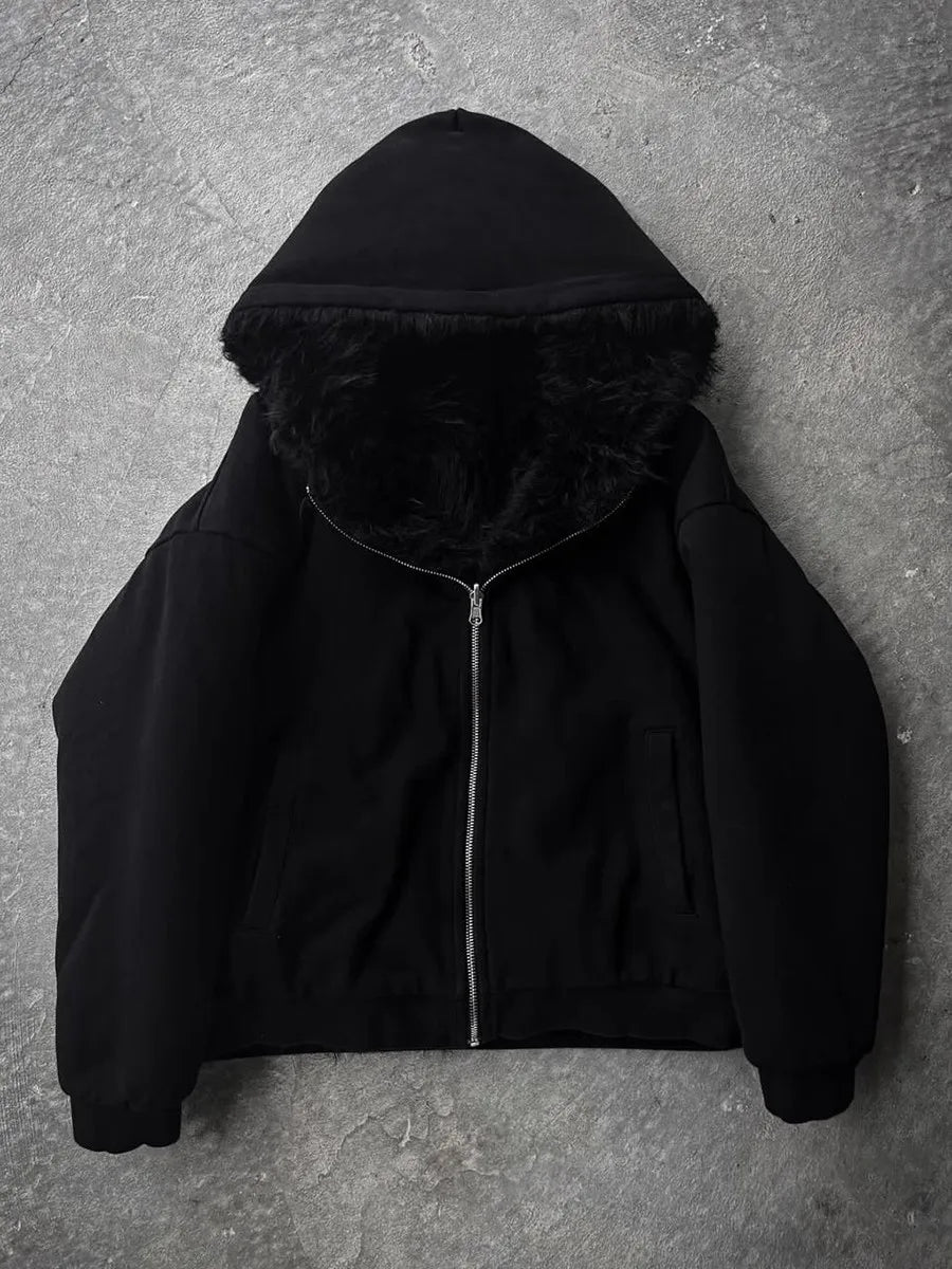 Autumn Winter Oversized Thickened Warm Black Reversible Faux Fur Parka Coat Men with Hood Zipper Fluffy Jacket 2025