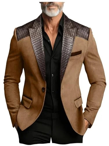 Men's Faux Suede Jacket with PU Leather Collar & Shoulder Two-Tone Blazer Contrast Trim Coat