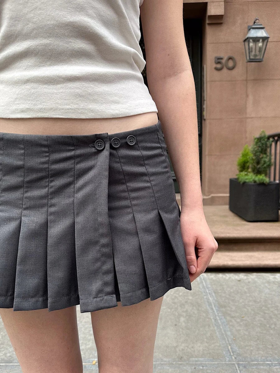 New Gray Pleated Mini Skirt Summer Sexy Low Waist Buttons A-line Short Faldas Women Preppy Style Sweet Cotton Skirts Y2l Clothes