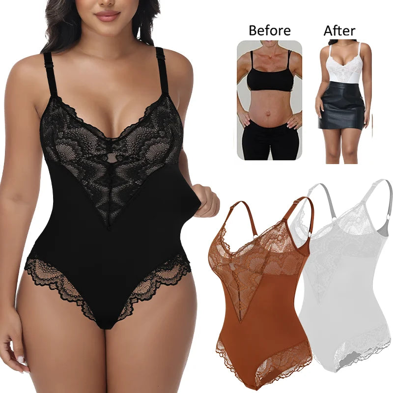 Womens Deep V Neck Bodysuit Sexy Lace Body Shaper Shapewear Slimming Thong Tummy Control Corset Breathable Brief Soft Underwear