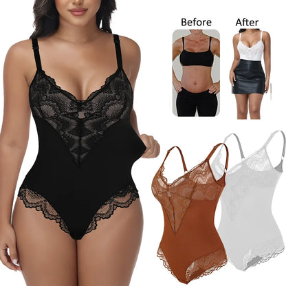 Womens Deep V Neck Bodysuit Sexy Lace Body Shaper Shapewear Slimming Thong Tummy Control Corset Breathable Brief Soft Underwear