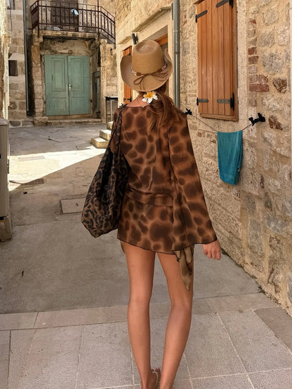 2025 Autumn Fashion Street Style Sexy Low-Cut Plunging Neckline Leopard Printed Flare Sleeve Women Beach Vacation Mini Dress C95