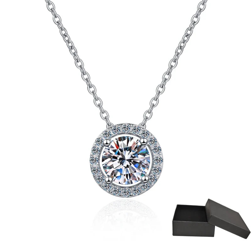 0.3-2.0CT Certified Moissanite Necklace for Women Classic Rond Cut Halo Brilliant Moissanite Pendent 925 Silver Platinum