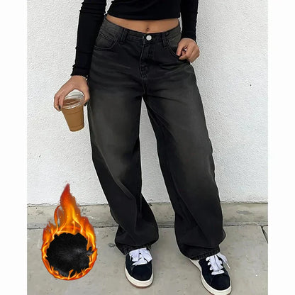 Winter Lady Plush Thermal High Waist Thin Jeans Girls Fleece Snow Warm Denim Pants Female Comfortable Straight Leg Trousers