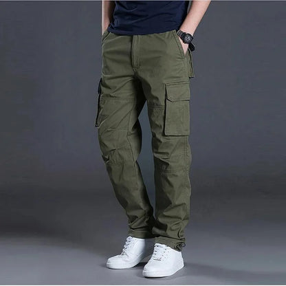 Men's Cotton Work Cargo Pants Tactical Military Hiking Outdoor Pants with 6 Pockets Elastic Waist