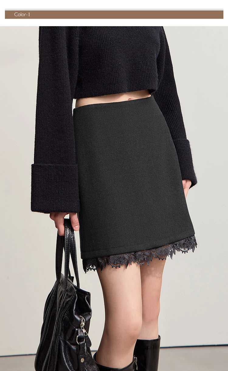 Minimalist Mini Skirt 2025 Winter New Short Wool Warm Skirts For Women Patchwork Lace Casual Solid Clothing Ladies 12544125