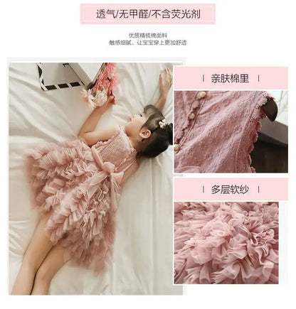 Summer Casual All Match Kawaii Girls Party Dress Patchwork Sleeveless Layered Dress Embroidered Ball Gown Chic Costumes for Kids