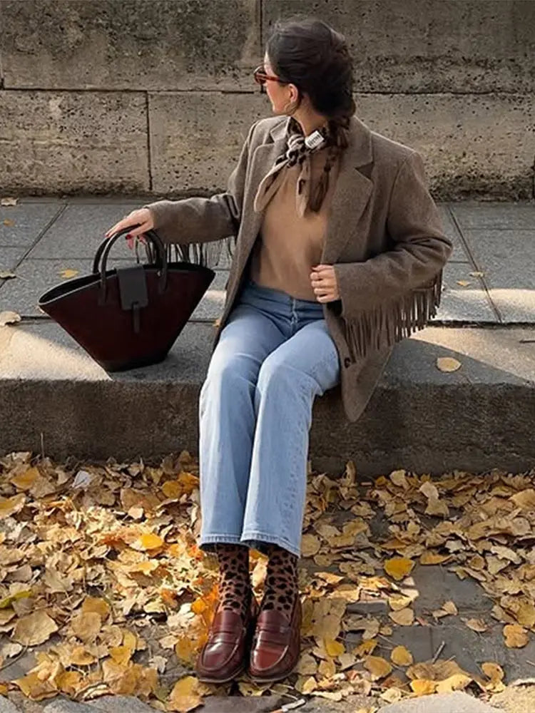 Tassels Woolen Suit Jacket Women Elegant Turn-down Collar Long Sleeve Single Breasted Pocket Autumn Winter Coats New Outerwears