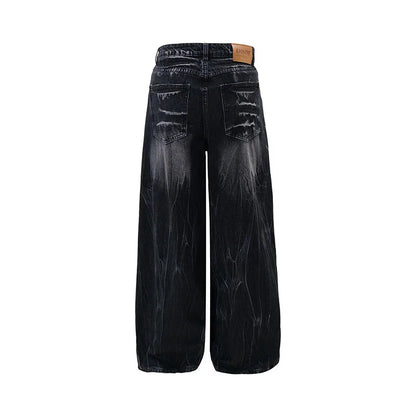 Autumn Winter Korean Vintage Jeans Lightning Pattern Design Men'S Loose Straight Leg Pants Casual Fashion Black Pants