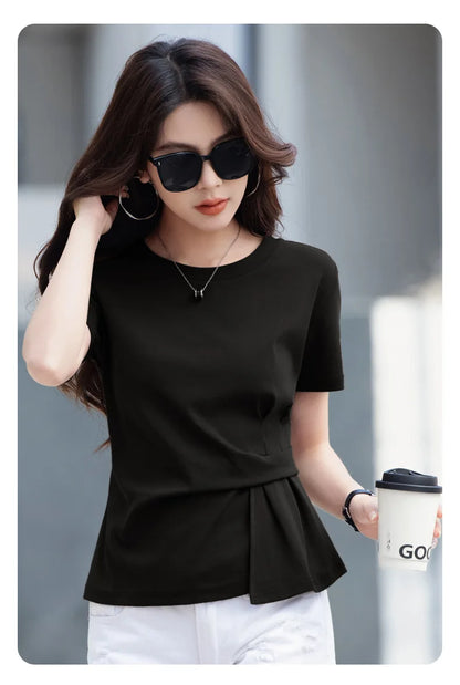 Women's summer new cotton irregular top short sleeved round neck casual women's short sleeved top T-shirt