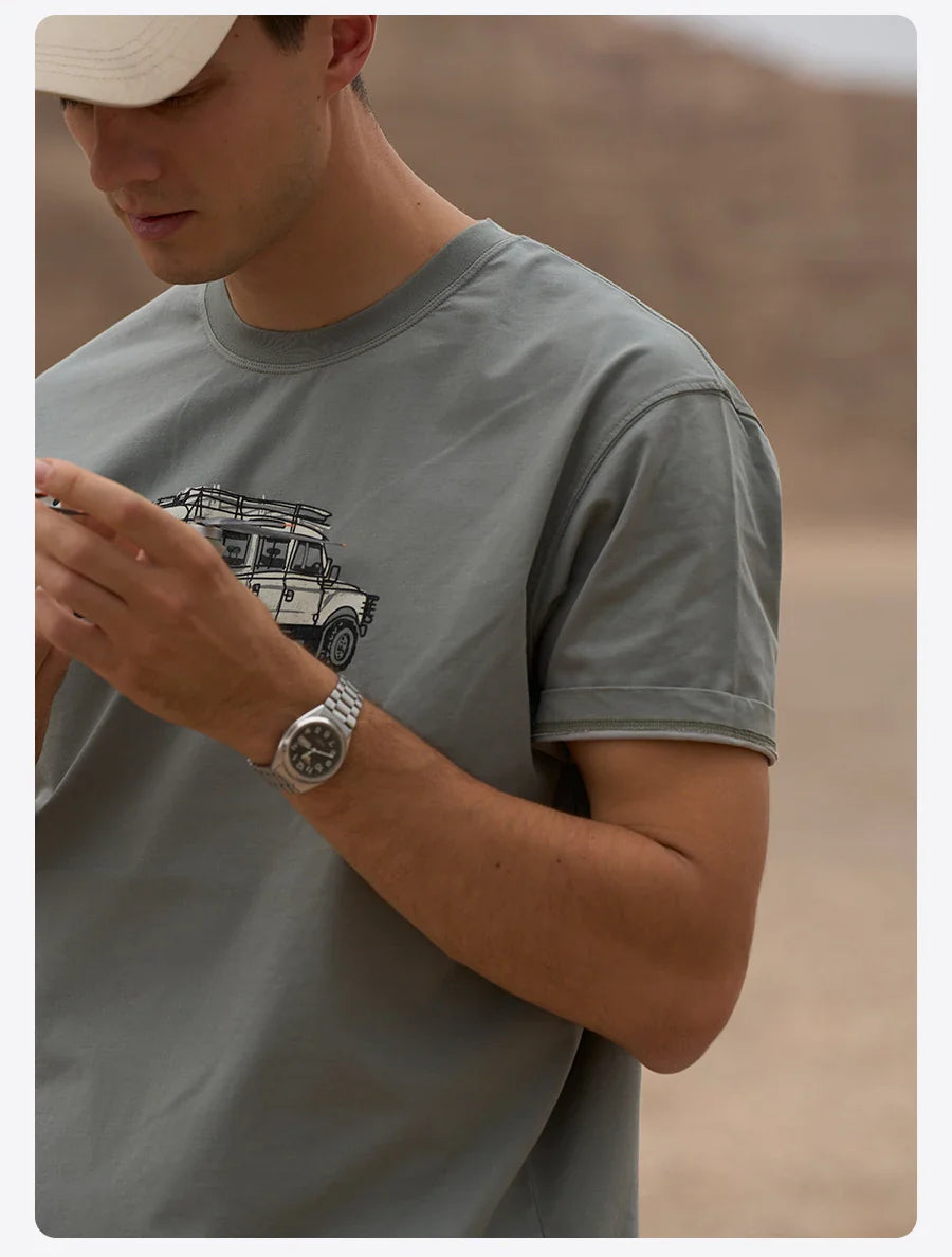 2026 Summer New Oversize 200gsm Coolmax Breathable Moisture Wicking Fabric T-shirts Men Car Print Plus Size Tops