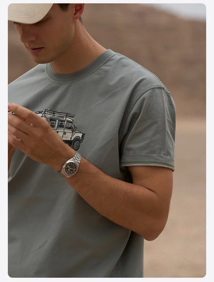 2026 Summer New Oversize 200gsm Coolmax Breathable Moisture Wicking Fabric T-shirts Men Car Print Plus Size Tops