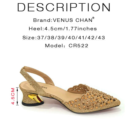 Low Heel Shoes for Women Hollowed Out Embroidery Rhinestone Italian Design Gold Color Pointed-Toe Shoes and Bags Set