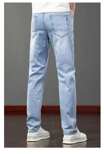 Spring Summer Thin Men's Jeans Fashion Korean Elastic Slim Straight Business Casual Denim Pants Classic Washed Male Trousers