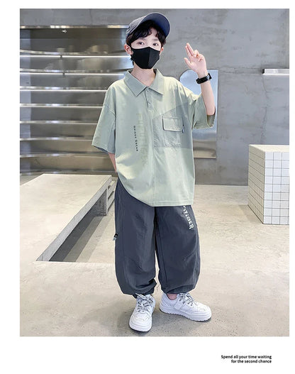 School Boys Fashion Summer Top And Bottom Clothes Set Polo Shirt + Pants 2 Pieces Clothing Suit Kids Children Casual Tracksuit