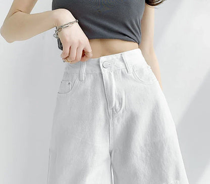 Women Tassels Denim Shorts Korean Fashion Letter Embroidery Wide Leg Shorts Casual Streetwear High Waist Female Shorts