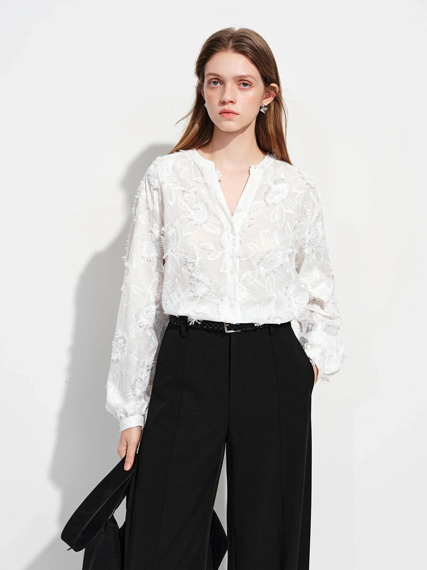 2026 New Spring Summer Women's 3D Jacquard Round V-Neck Blouse Long Sleeve Office Shirt for Quiet Minimalist Commute Top