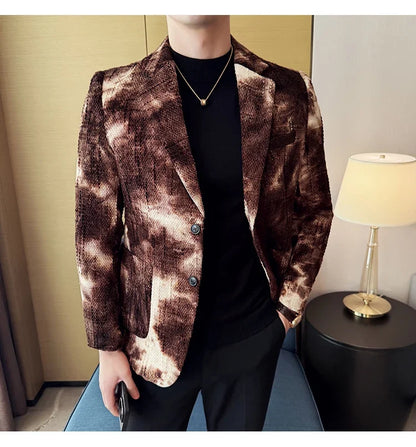 High QualityTie Dye Chenille Men Fashion Casual Suit Jacket Autumn Winter New Korean Slim Fit Social Wedding Suit Blazer