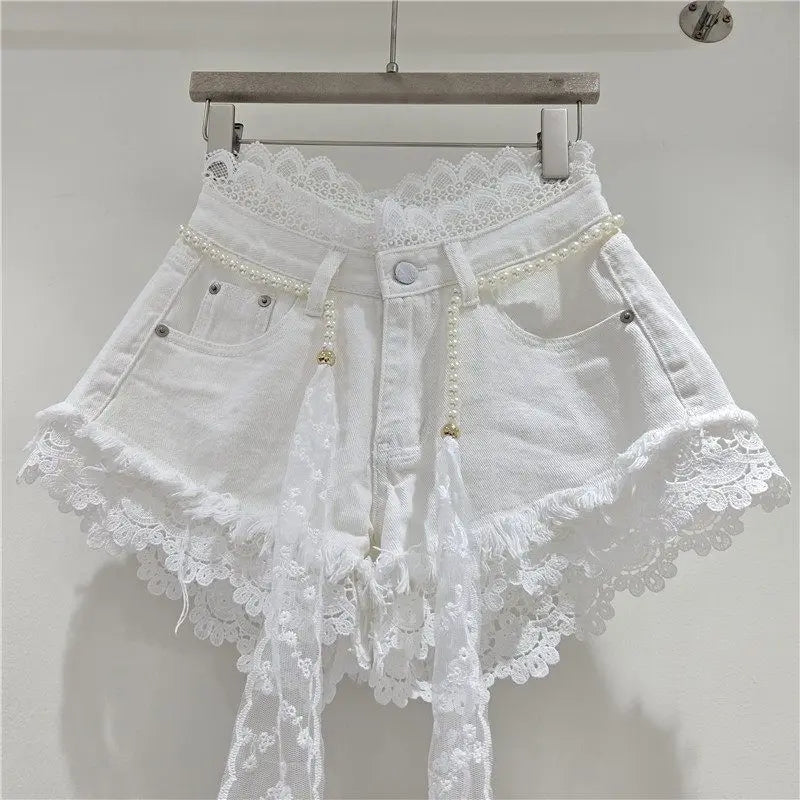 2026 Summer Denim Shorts New Splicing Hook Flower Lace Lace with Waist Rope Tassel Denim Shorts Women's Hot Pants Trend