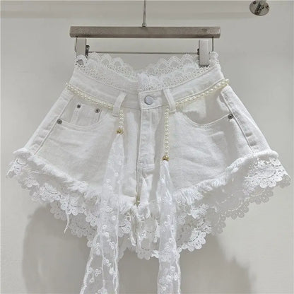 2026 Summer Denim Shorts New Splicing Hook Flower Lace Lace with Waist Rope Tassel Denim Shorts Women's Hot Pants Trend