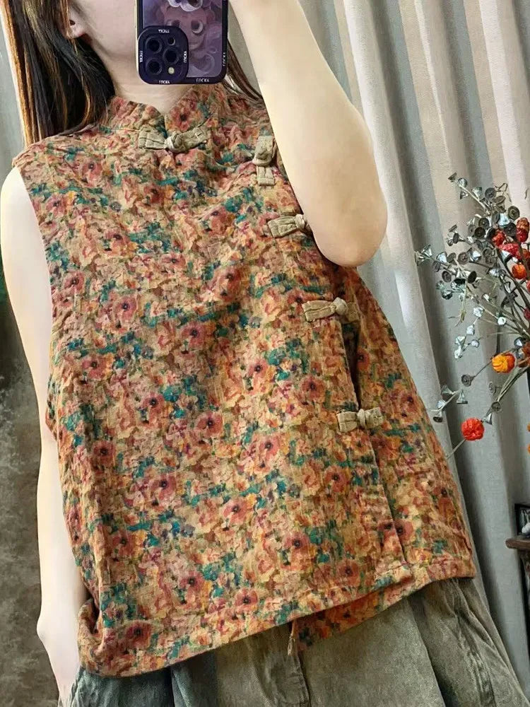 Summer Arts Style Women Sleeveless Single Breasted Loose Vest Vintage Floral Print Cotton Linen Vests Coats High Quality TY89